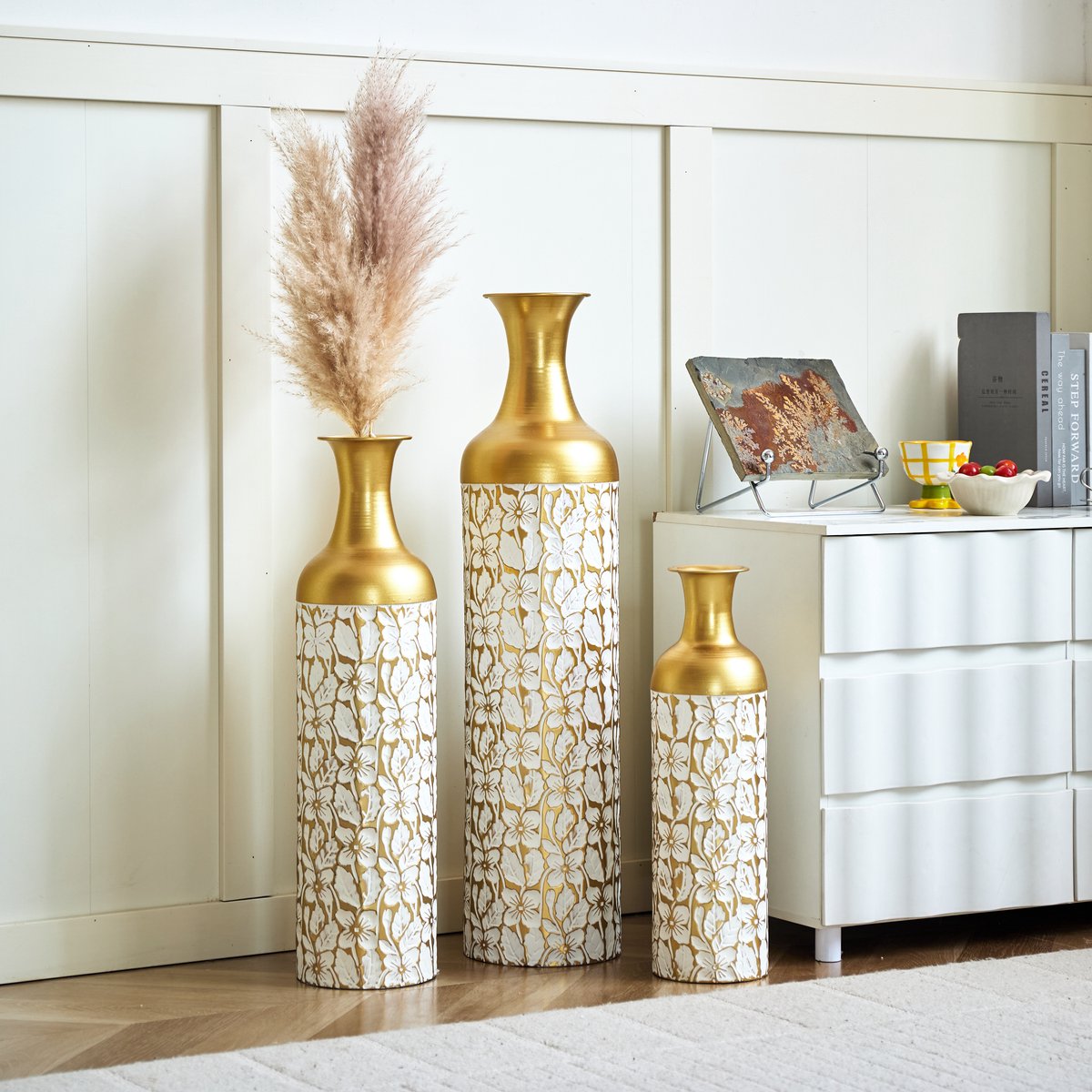 OKWISH Bodenvaas - Set Van 3 In 50 66 85 cm - Metaal - Goud Wit - Bloemenpatroon Voor Woonkamer Hal Of Kantoor - Ook Als Overpot