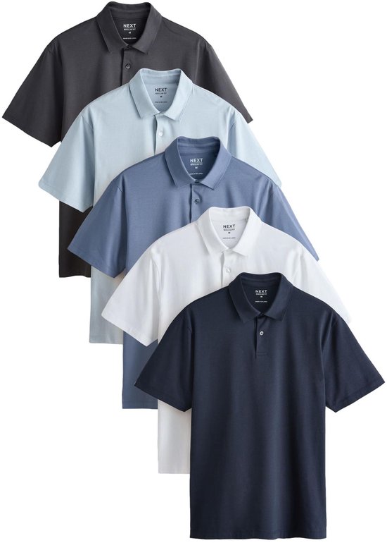 Set van vijf poloshirts in verschillende kleuren: donkerblauw, wit, lichtblauw, blauw en grijs.