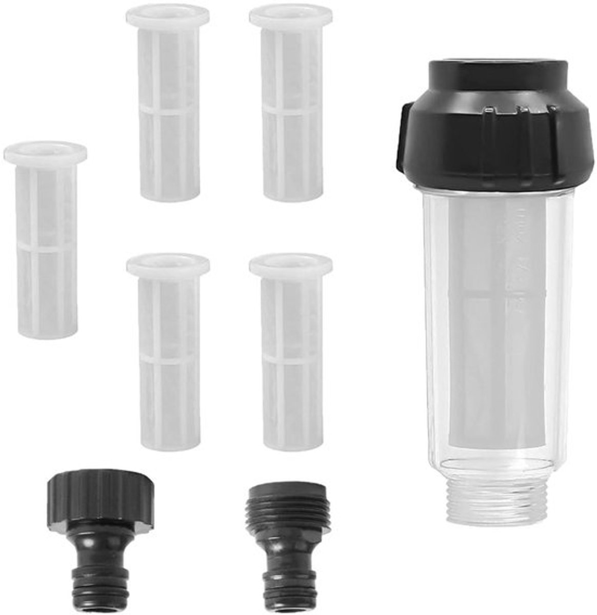 Waterfilter voor Tuinslang - Tuin- en Camperwaterfilter - 3/4 Inch Watervoorfilter - Filterinzetstukken - Sneladapters - Hogedrukreiniger - Tuinirrigatie Geschikt - Campergebruik - Transparant Model