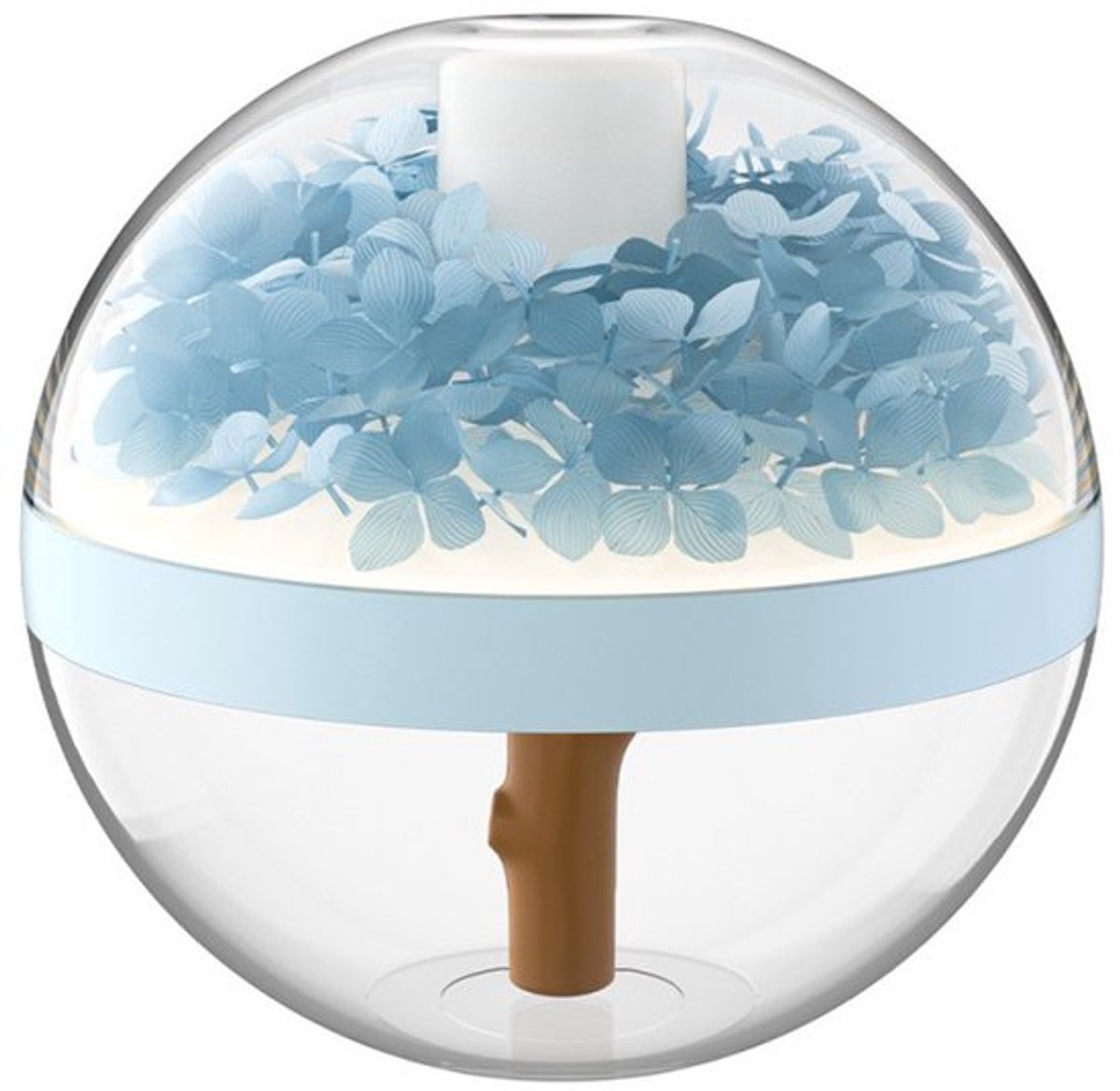 Bevochtiger met geconserveerde bloemen en sfeerverlichting, microlandschap, luchtzuivering en hydratatie van geconserveerde bloemen - blauw