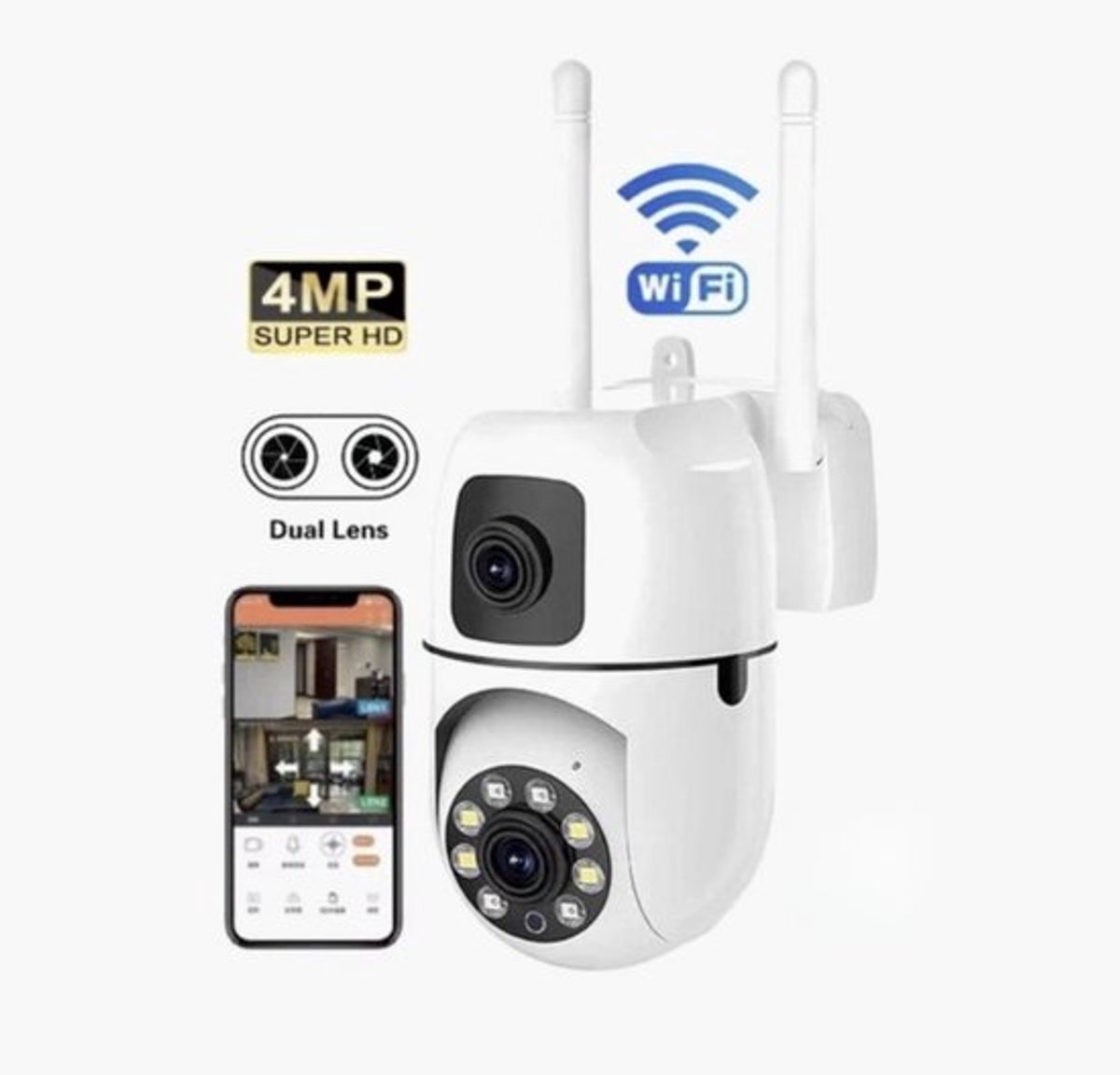 Beveiligingscamera Voor Buiten en Binnen - 360° Draaibare Camera met Nachtzicht - 4MP Dubbele Lens - Bewegingsdetectie & Alarm - WiFi - Tweerichtingsaudio - Camerabewaking