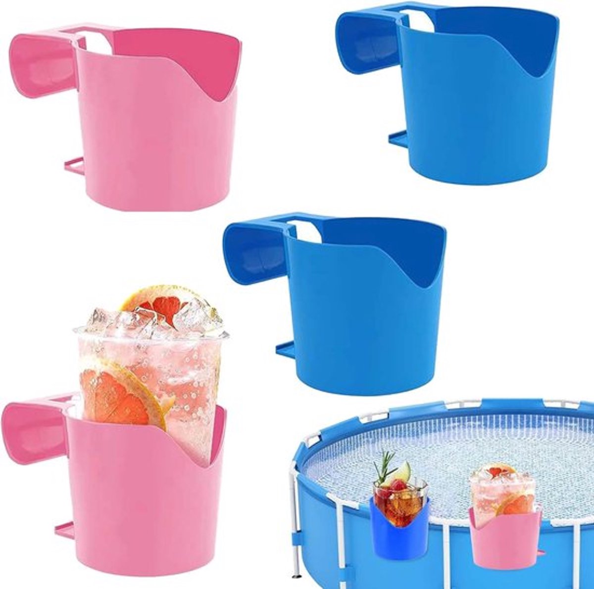 Set van 4 bekerhouders voor bij het zwembad - 13,5 × 8,8 cm - 2 kleuren - Kunststof - Drankhouder voor bij het zwembad - Zwembadaccessoires - Geschikt voor cilindrische voorwerpen met een buitendiameter van 5 cm of minder - Blauw, Roze