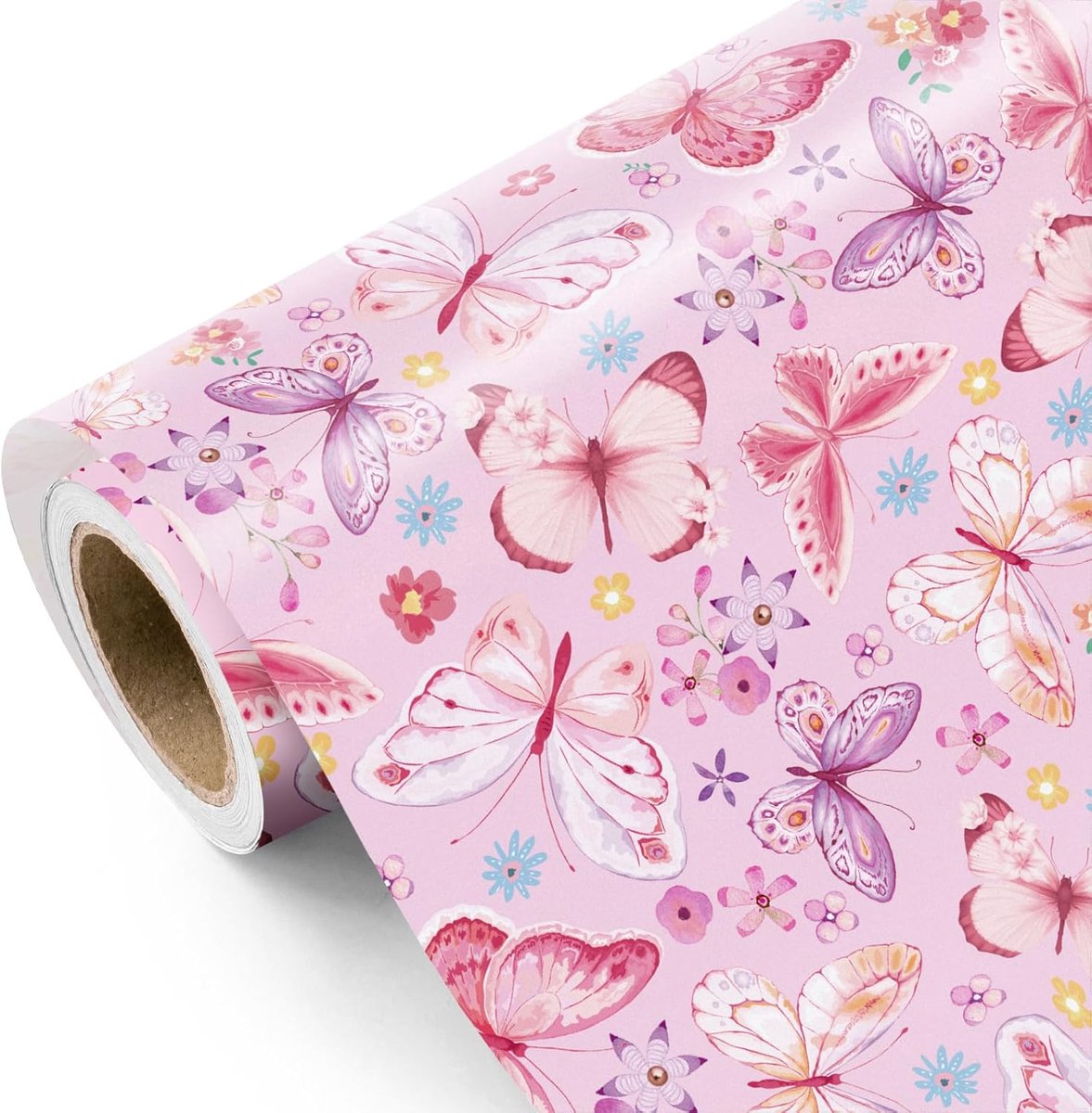 SnelShoppen - Roze Vlinder Inpakpapier Rol - Mini 43,2 cm x 5 m - Premium Kwaliteit Fantasie Bloemen en Vlinders - Perfect voor Verjaardag, Bruiloft,