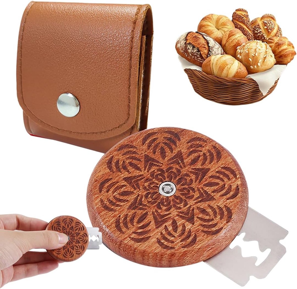 SnelShoppen - Broodmes met 5 Snijders en Bruine Leren Etui - Perfect voor Bakken, Snijden en Deeg - Professionele Kwaliteit, Ideaal voor Keuken en Fee