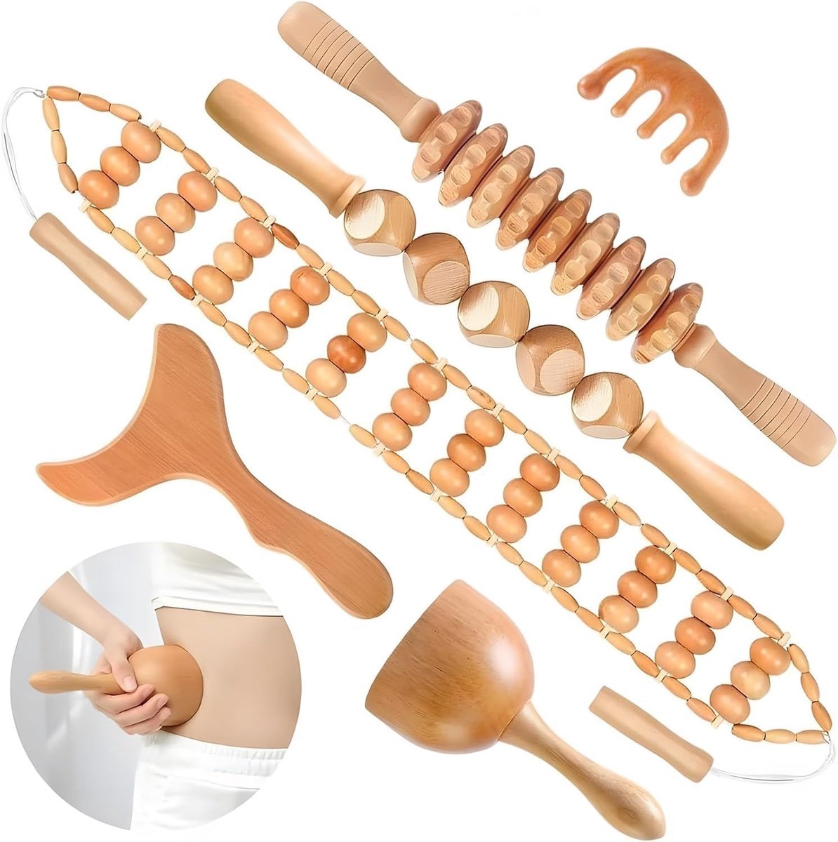 Thijox - 6-in-1 Houten Massage Gereedschapsset voor Maderotherapie en Gua Sha - Professionele Anti-Cellulite Set met Massage Rollers en Sticks - Bruin