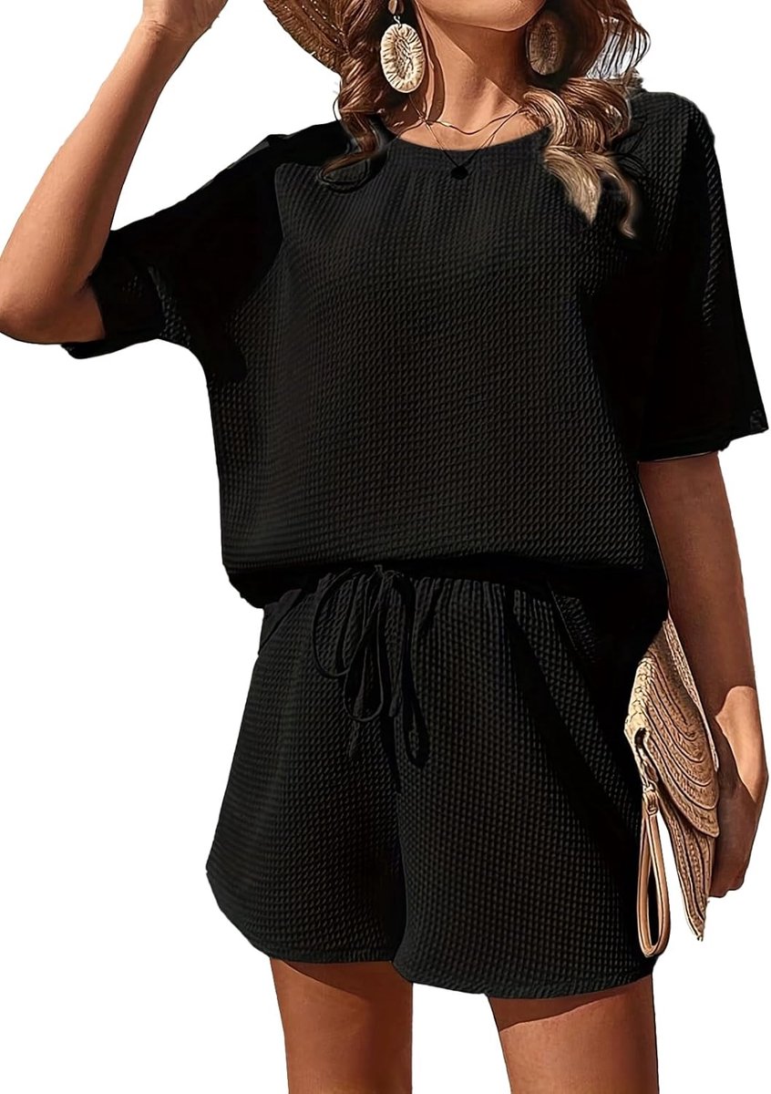 SnelShoppen - 2-delige Zomerset Dames, Elegante Casual Kleding, T-shirt met Hoge Taille Shorts, Effen Kleur, Trekkoord, Sportoutfit voor Zomer, Polyes
