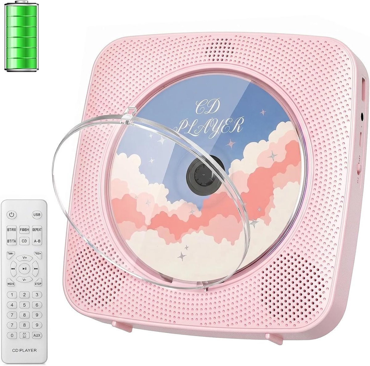 SnelShoppen - Draagbare Bluetooth CD-speler met luidsprekers, FM-radio, afstandsbediening, AUX, USB, LCD-display, 1800 mAh voor thuis en buitengebruik
