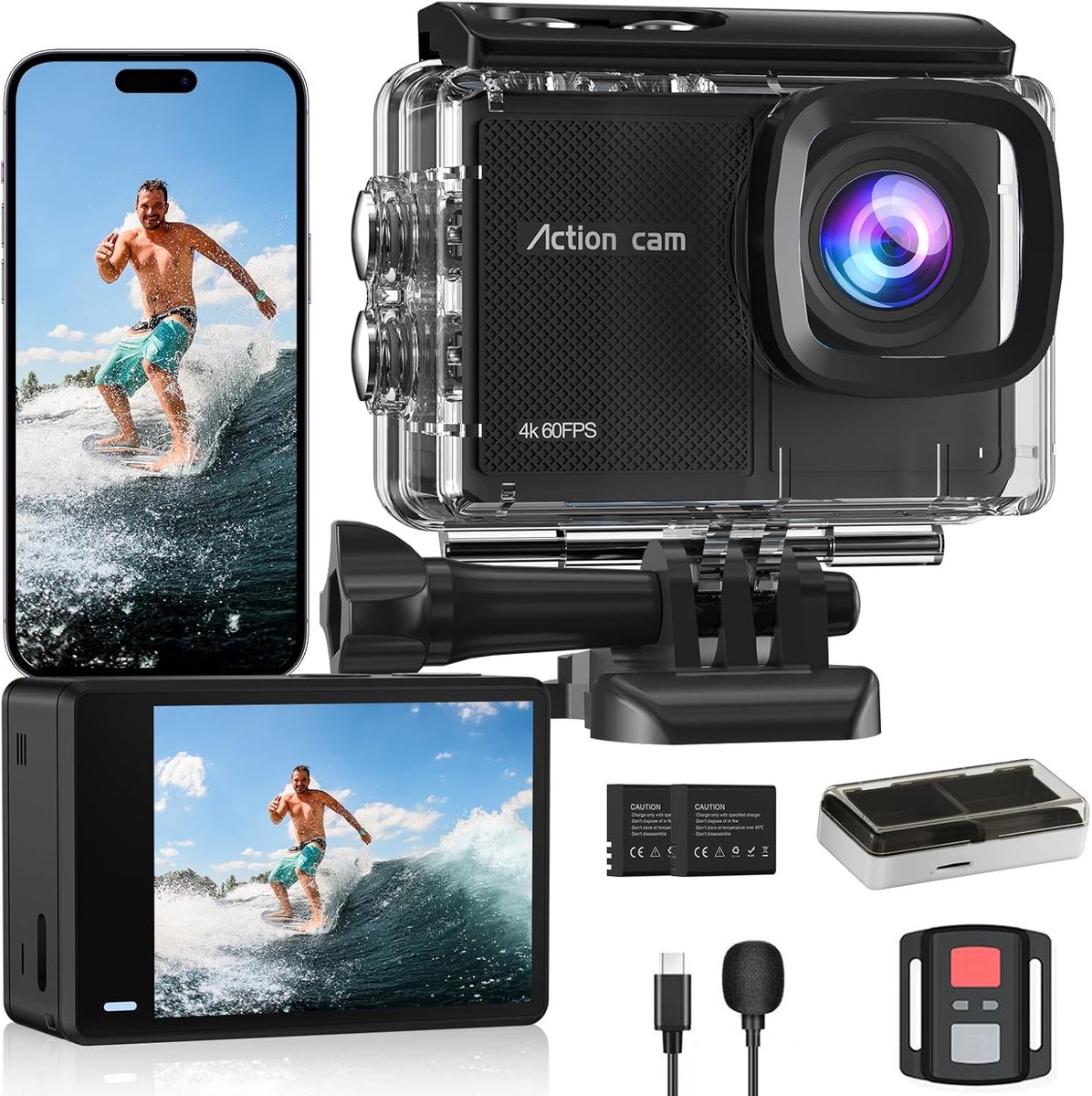 SnelShoppen - Action Cam 4K60FPS, HD 48MP Onderwatercamera, 40M Waterdicht, 8x Zoom, Wifi EIS Stabilisator, Afstandsbediening, 2x 1350mAh Accu & Acces
