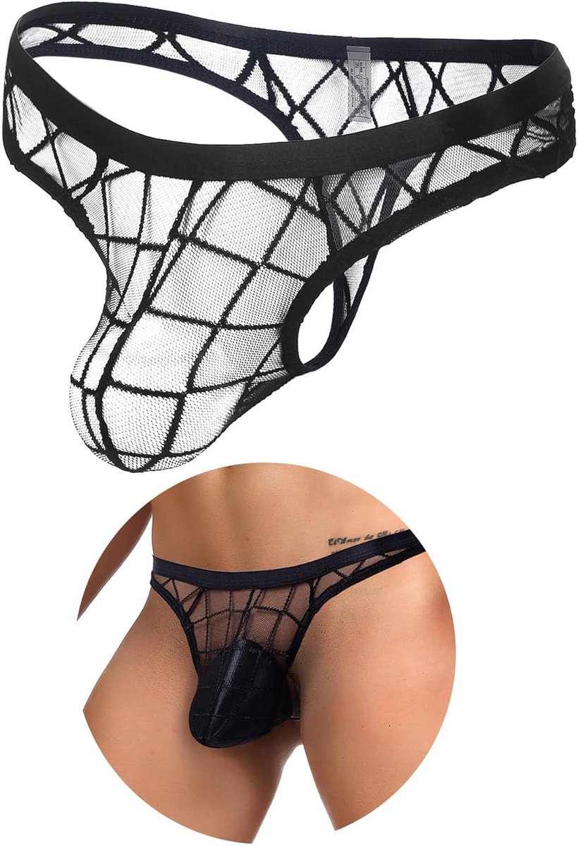 SnelShoppen - Sexy ondergoed voor mannen, transparante string tanga, mesh heren onderbroek grote maten, sissy lingerie, prikkelend lage taille zwart