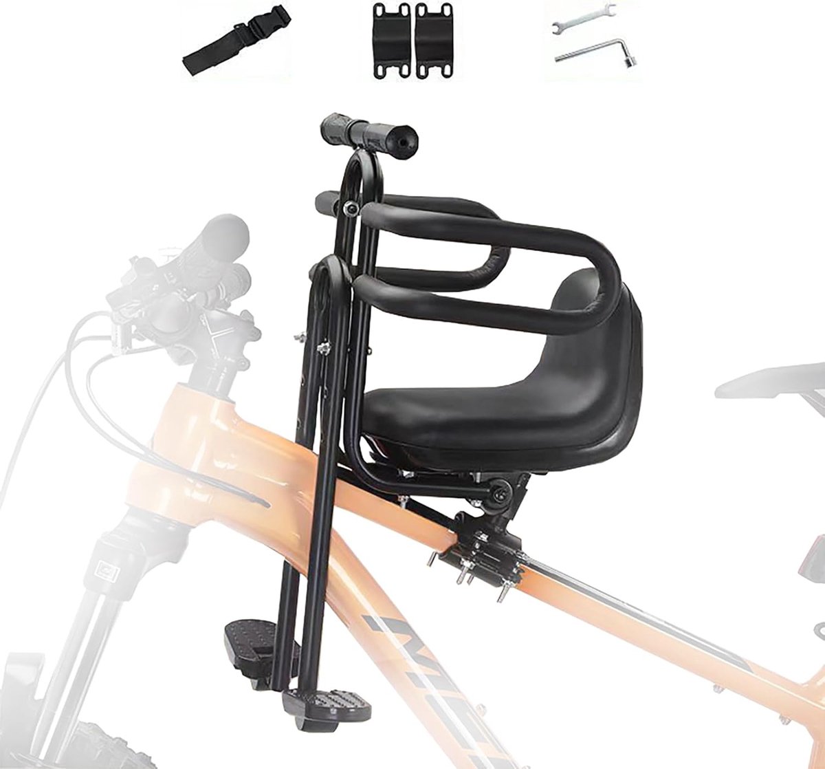 SnelShoppen - Voorste kinderzitje mountainbike voor volwassenen met veiligheidsbeugel, voetpedalen, verstelbare riemen voor kinderen (2-6 jaar)