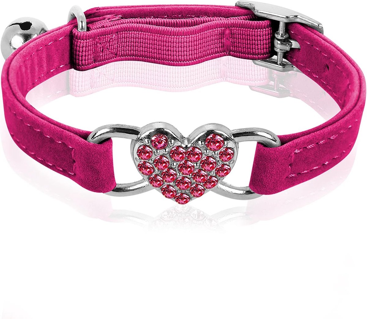 SnelShoppen - Verstelbare Bling Hart Kattenhalsband met Bel - Strass Huisdierhalsband voor Kleine Katten en Honden - Rozerood, Veiligheidsgordel, 28 c