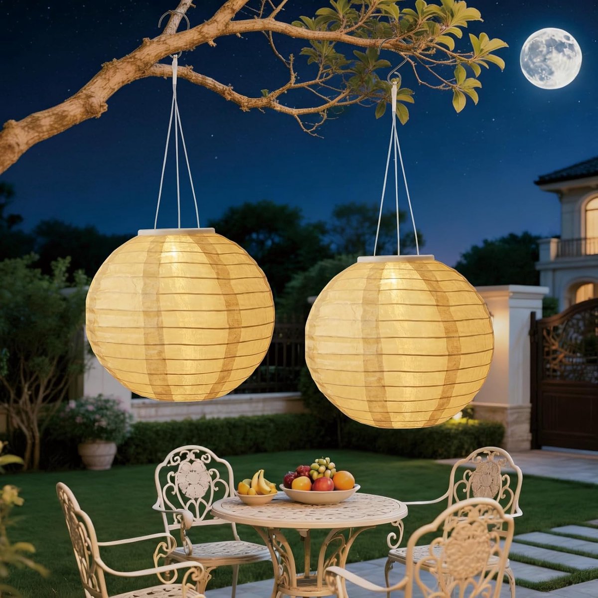 SnelShoppen - Zonne-energie Lantaarn 2 Stuks, 20 cm, Weerbestendige LED Tuinlantaarns, Nylon Hangende Verlichting voor Terras, Tuin en Feesten