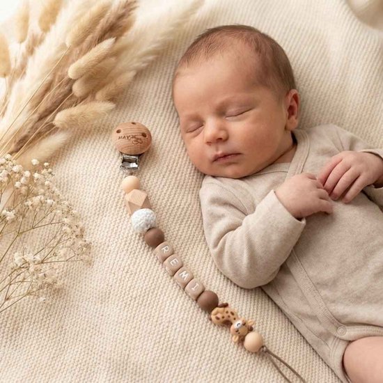 May Mays - Speenkoord met Naam - Giraf Bruin Geel - Gepersonaliseerde Speenketting Baby - Kraamcadeau Pasgeborene - Babyshower Cadeau - Newborn Gift - Siliconen letterkralen — afbeelding 4