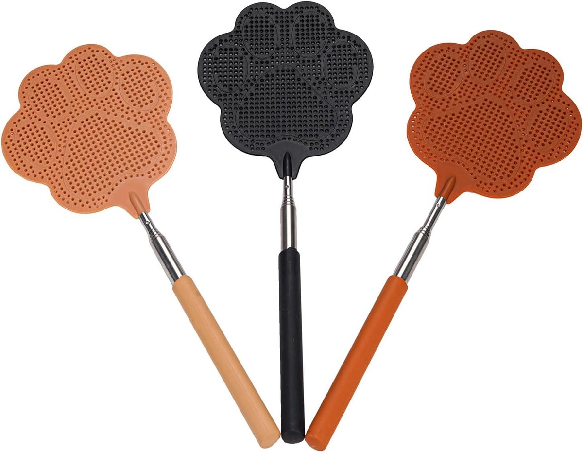 Vliegenmepper set - 3-delig - uitschuifbaar tot 76 cm - met roestvrijstalen handvat - voor binnen en buiten - in 3 kleuren