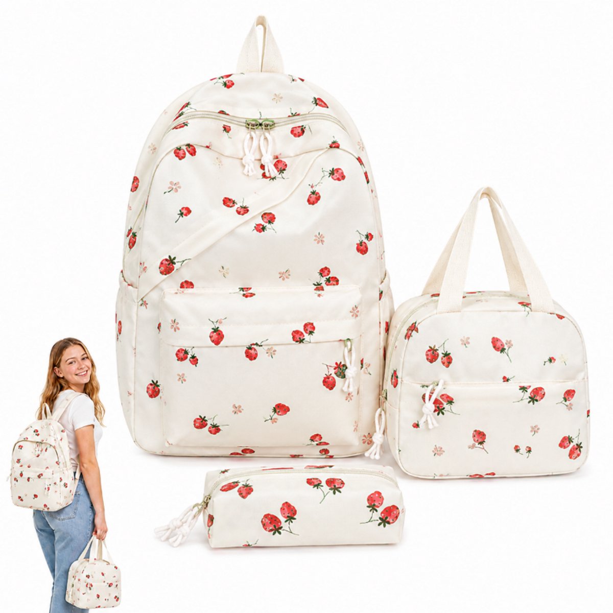 Bobypet - Rugzak 3-in-1 Set - Met Koeltas en Etui - Strikjes Design - Waterafstotend - Lichtgewicht Schooltas & Laptoptas tot 17 Inch -wit