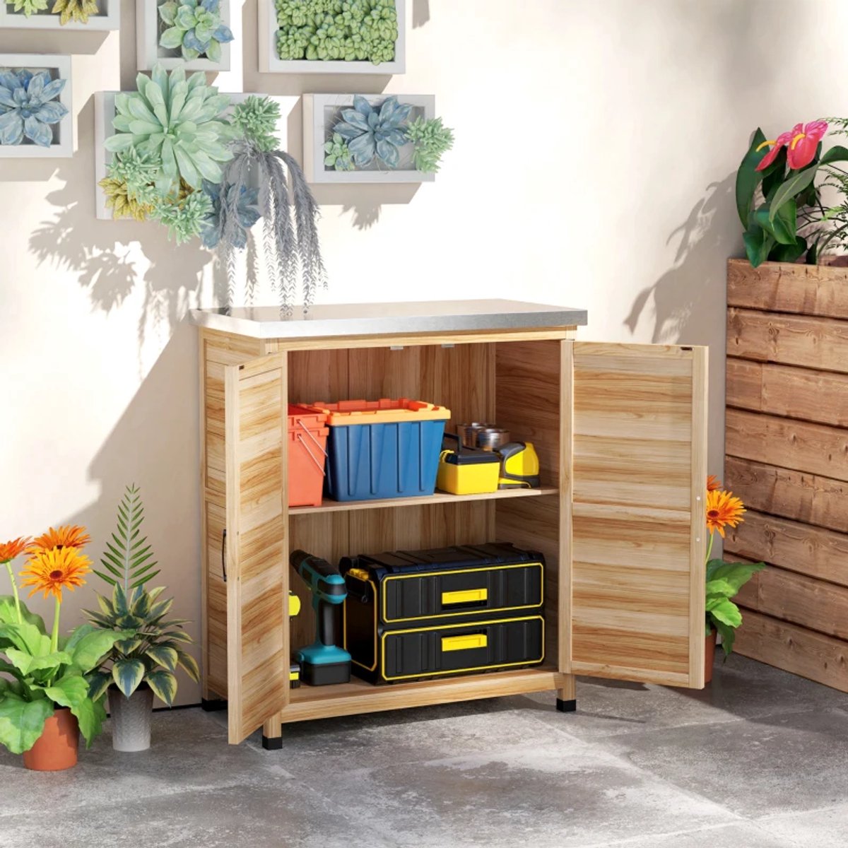 Gartenschrank Opbergkast Met Interne Plank En Werkbank 79 Cm X 43 Cm X 92 Cm Hout En Staal Holzfarbe Voor Tuin En Terras