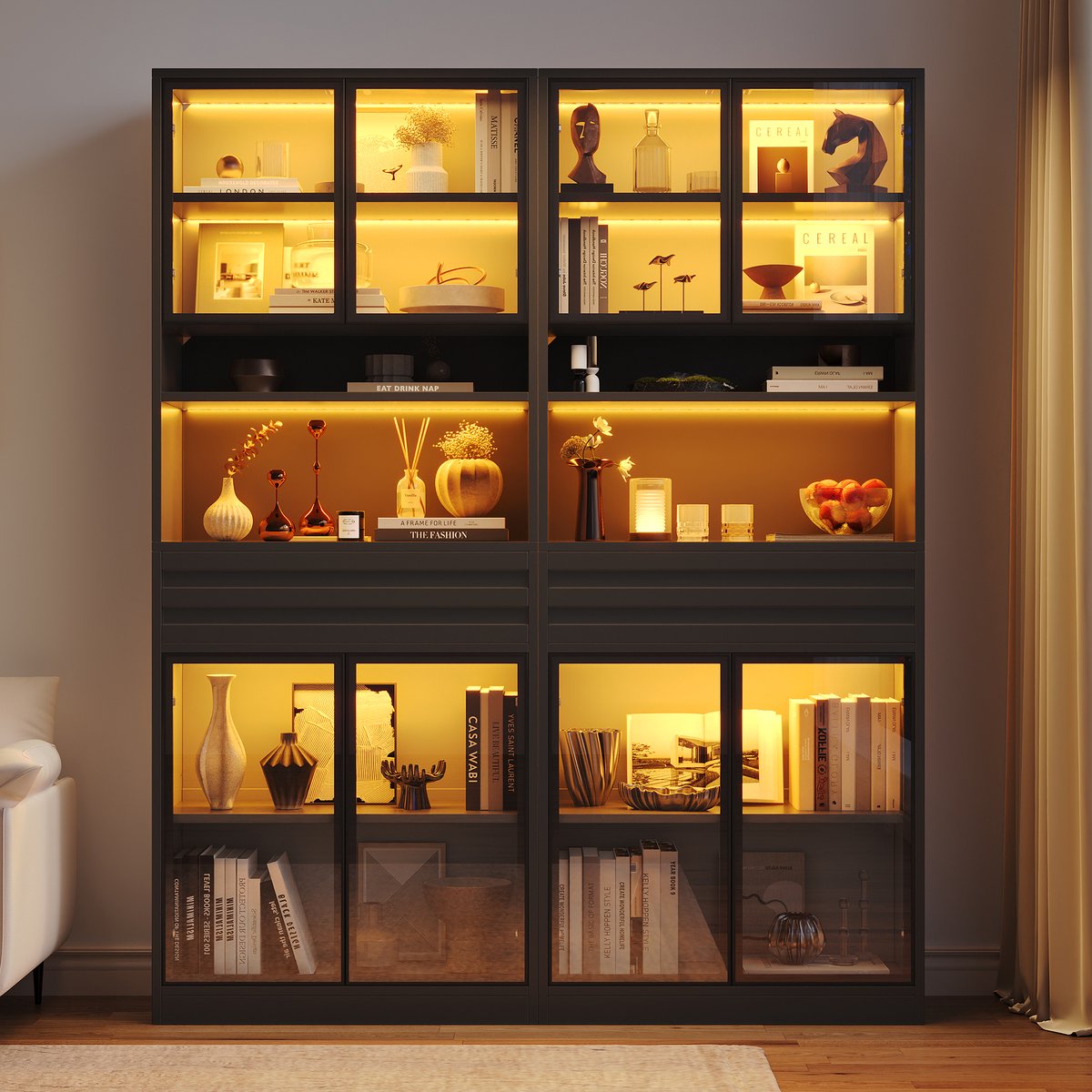 OKWISH Vitrinekast Met App Bestuurde RGB LED Verlichting Voor Woonkamer En Collecties MDF Zwart Met Glasdeuren En Lade Hoog Model 160 X 35 X 200 Cm