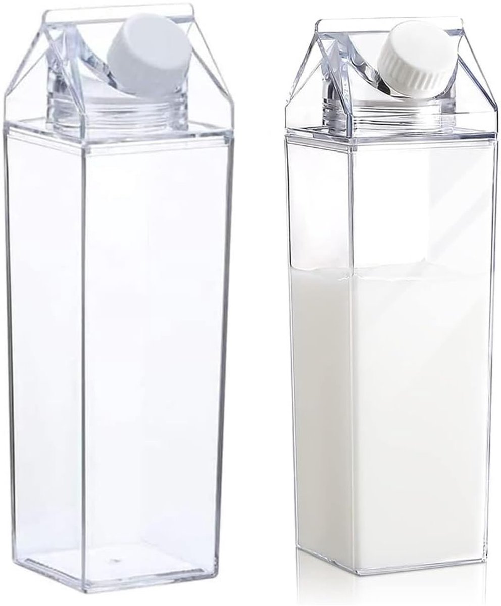 2 stuks Melkbeker - Sportdrinkfles - Melkpak Drinkfles - Herbruikbaar - 1000 ml - Geschikt voor Reizen, Kamperen, Sport en Buitenactiviteiten - Transparant