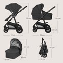 Afmetingen van een zwarte kinderwagen in verschillende configuraties: reiswieg, wandelwagen, autostoel en ingeklapt.