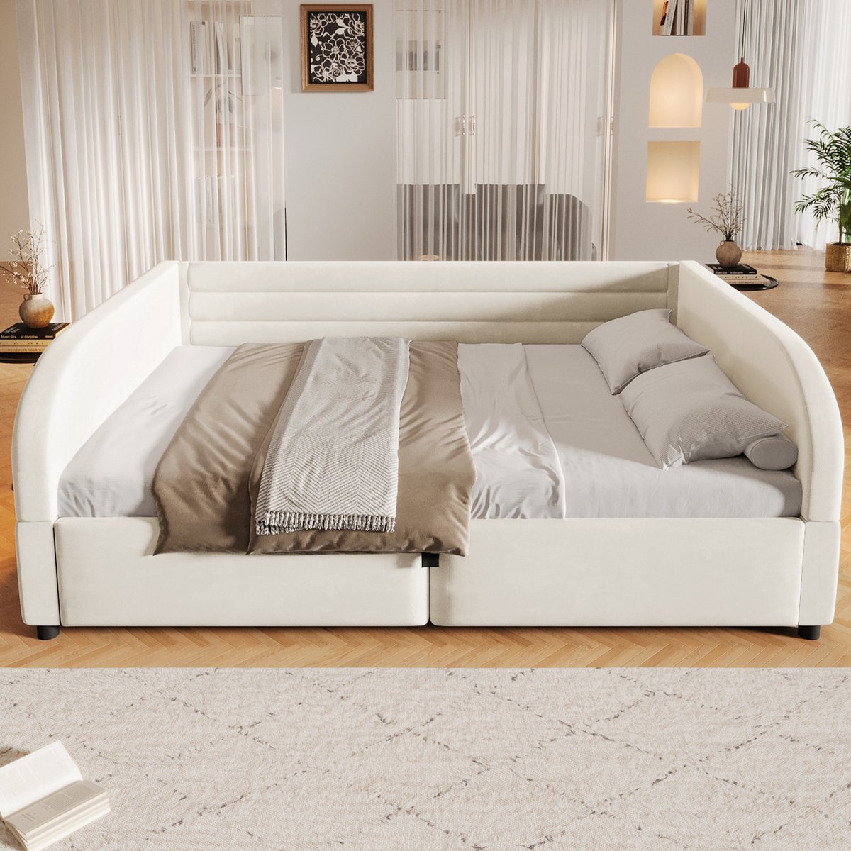Normaal Bed 140x200 Cm - Gepolsterd Platformbed Met Hydraulische Opbergruimte En Verlichting - Voor Slaapkamer En Gasten - Beige - Zonder Matras
