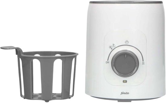 Witte Alecto flessenwarmer met grijze draaiknop en een grijze mandhouder ernaast.