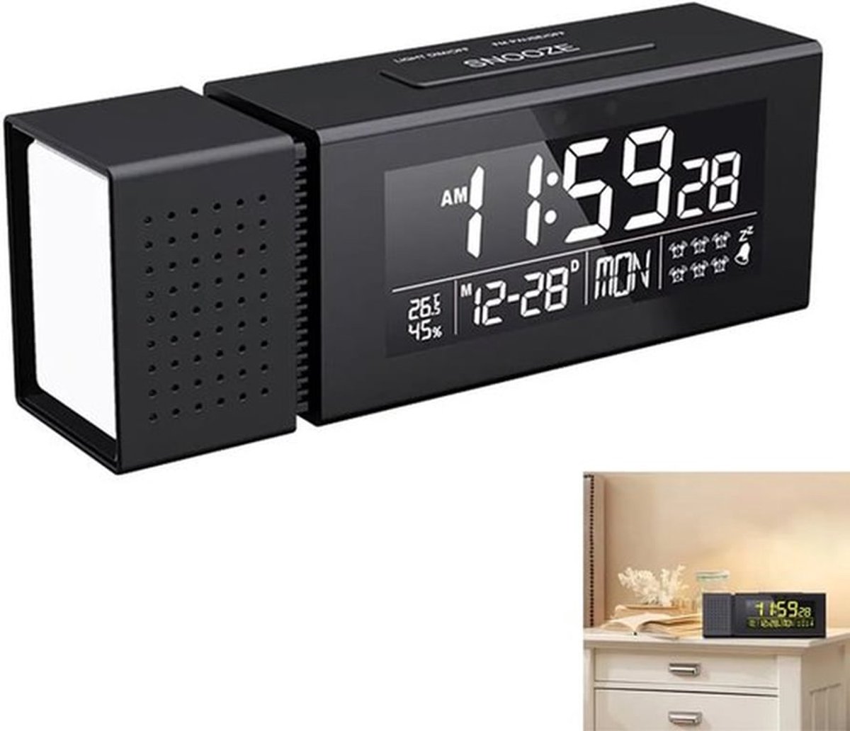 7-kleuren LED-radiowekker met nachtlampje, FM-radio, 6 alarmtijden, infrarood bewegingssensor, temperatuur- en vochtigheidsweergave, USB-uitgang en 12/24-uursmodus.
