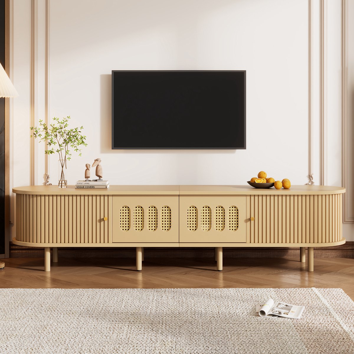 STILVORA TV Meubel - Retro Design Met Rietlook Deuren En Schuifdeuren - Voor Woonkamer En Muur Tv - MDF - Naturel - 180x40x40 Cm