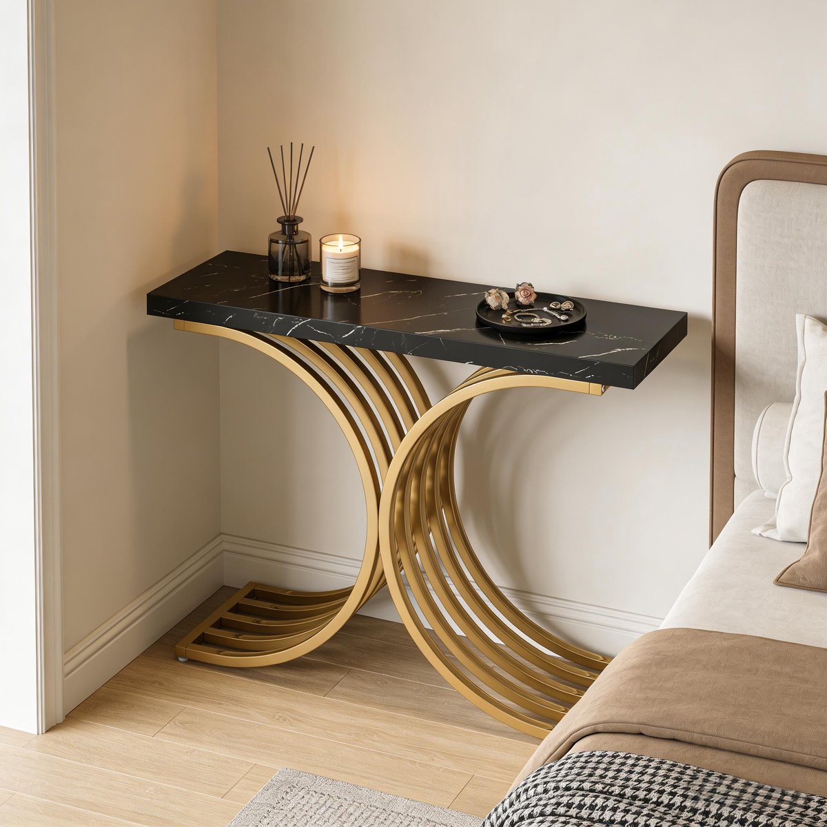 Wishdor Sidetable - Marmerlook console tafel - Goud metalen frame - Rechthoekig design - Hal en woonkamer - Zwart en goud - Voor decoratie - 100 x 30 x 80 cm