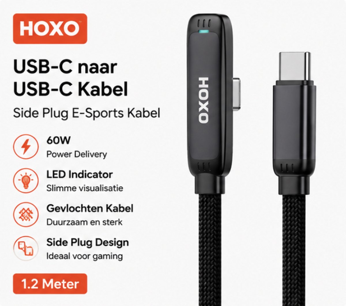 HOXO USB-C naar USB-C Kabel 1.2 Meter - 60W PD Snelladen - Side Plug E-Sports Gaming Kabel met LED Indicator - Gevlochten - Geschikt voor iPhone 15, 16, Samsung, iPad & Laptop