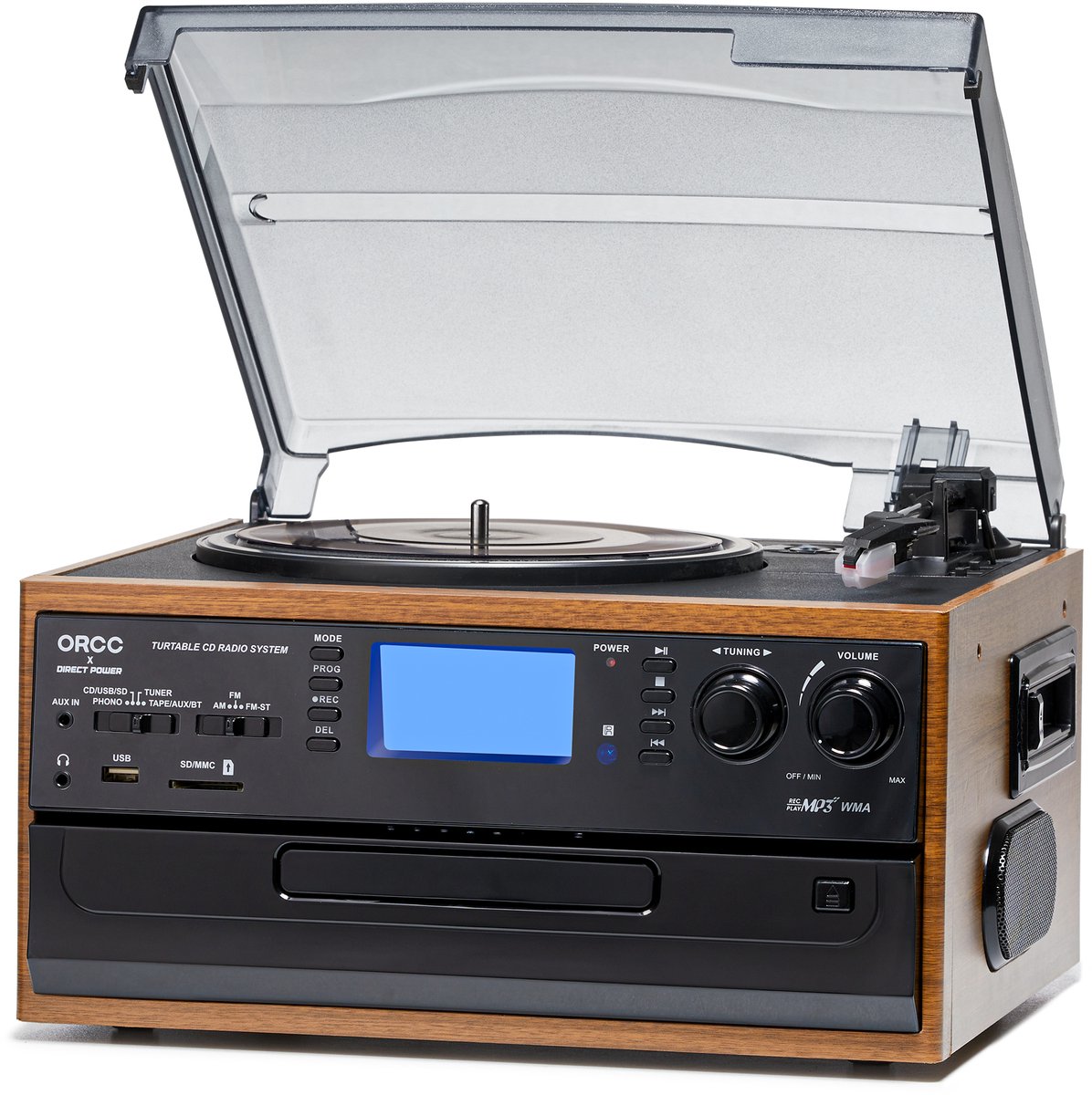 ORCC 10-in-1 Platenspeler Vintage – Bluetooth Vinyl Platenspeler met CD, USB, SD, AUX, RCA, Ingebouwde Stereo Speakers, Afstandsbediening, 33/45/78 RPM en Houten Behuizing – Bruin