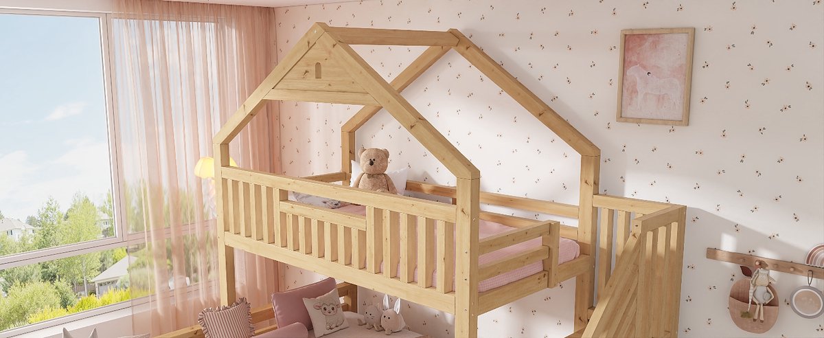 OKWISH Stapelbed 90x200 En 140x200 Cm - Huisbed Met Trap En 2 Lades - Voor Kinderen En Gezinnen - Hout In Eikenkleur - Zonder Matras Oak