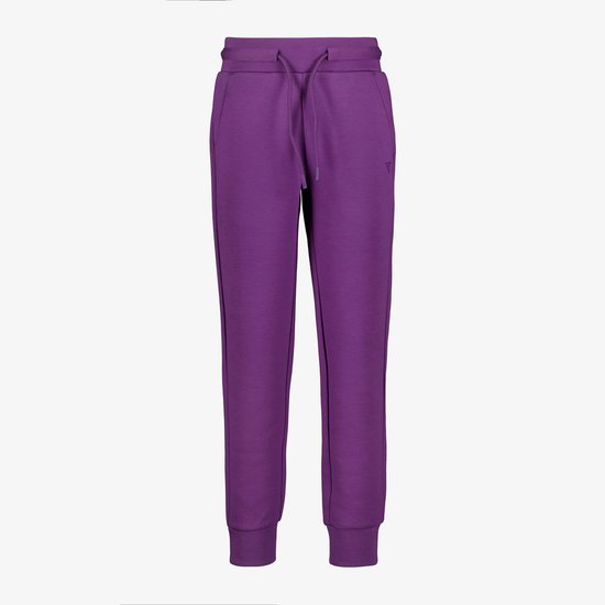 Paarse joggingbroek met trekkoord, elastische boorden en een subtiel logo.