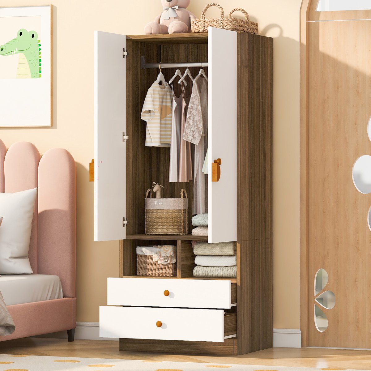 STILVORA Kledingkast - Met 2 Lades En Opbergvakken - Voor Slaapkamer Of Kleedruimte - Hout En Wit - 70x50x170 Cm