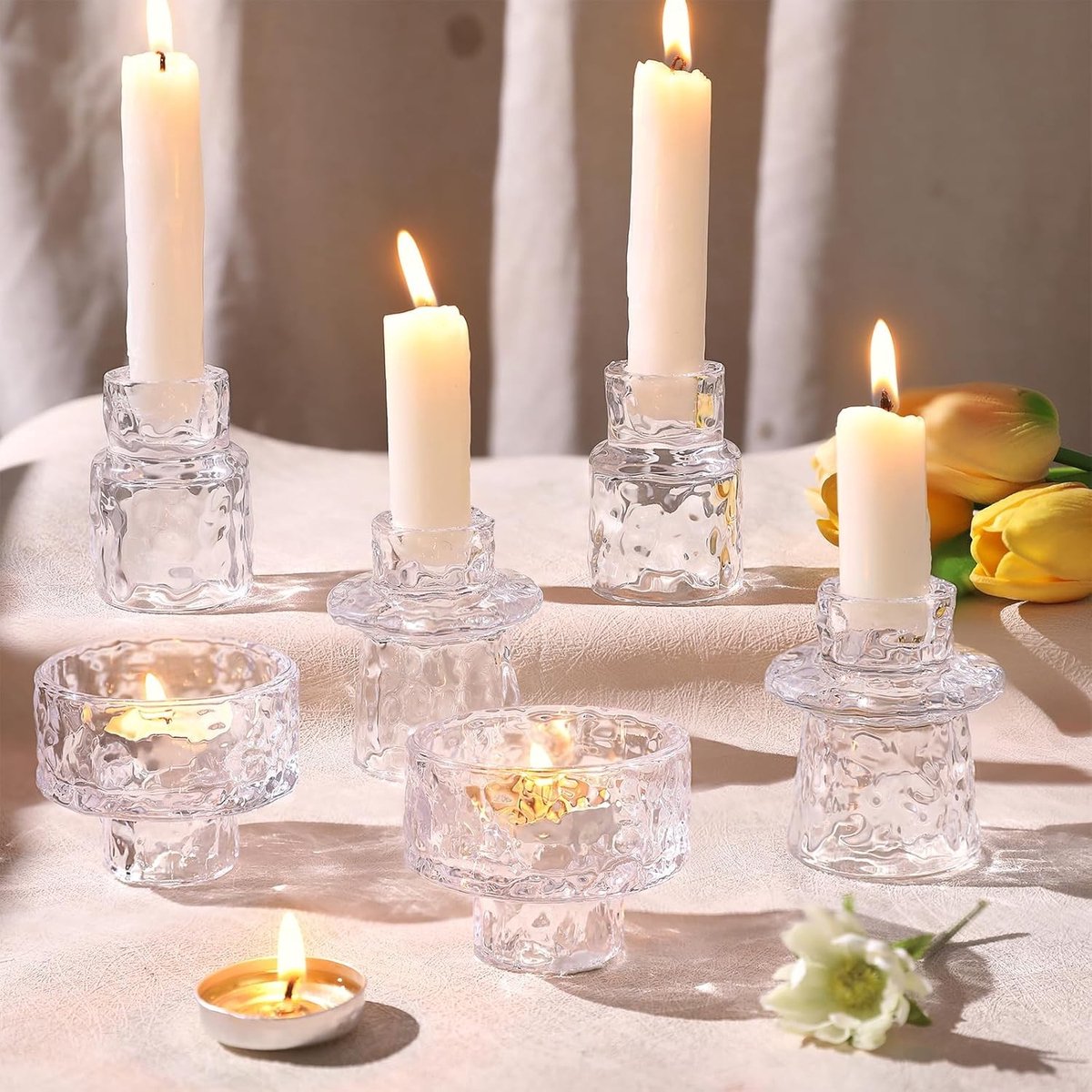 Windlicht van glas - Transparant - 2-in-1 kaarshouder voor staafkaarsen en theelichtjes - Glas - Voor sfeervolle decoratie