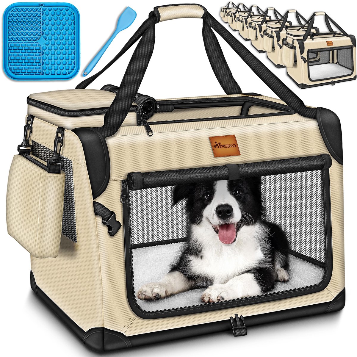 Famanu – Opvouwbare hondenbox met likmat en spatel, M, 61 x 42 x 42 cm, transportbox voor honden en katten, robuuste hondentas, beige