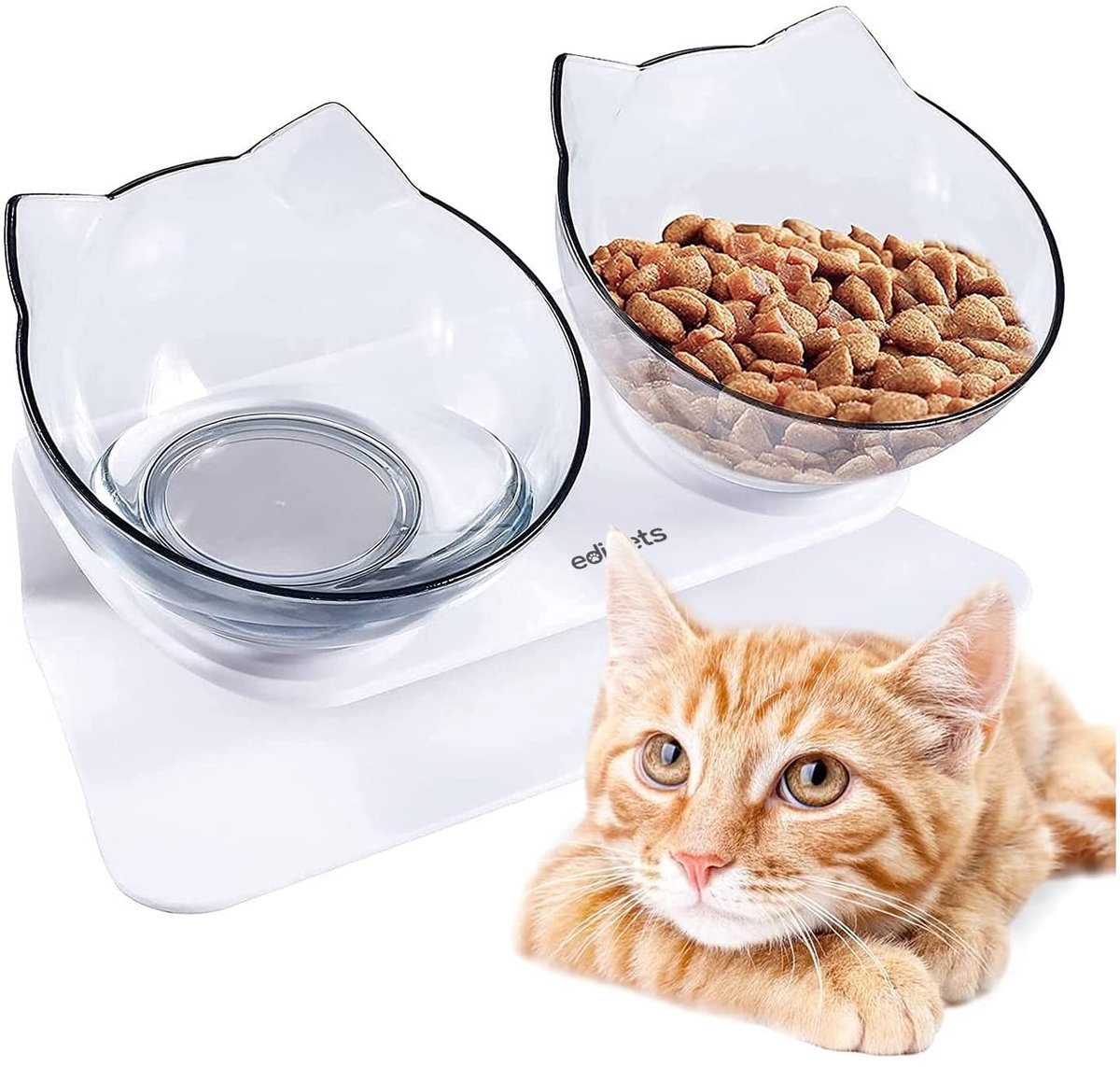 Famanu – Voederbak voor katten, transparant, dubbele verstelbare kom met verhoogde houder, ideaal voor comfortabel drinken