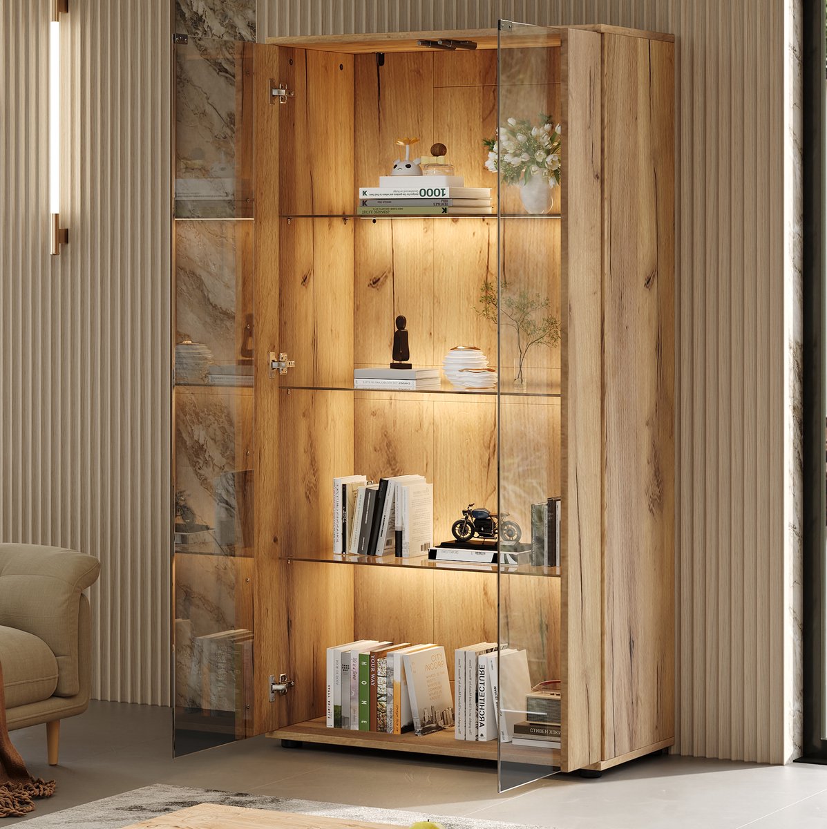 OKWISH Vitrinekast - 2 Glazen Deuren - 4 Planken Met LED-Verlichting - Voor Woonkamer, Eetkamer Of Kantoor - Naturel - 80 X 36 X 150 Cm