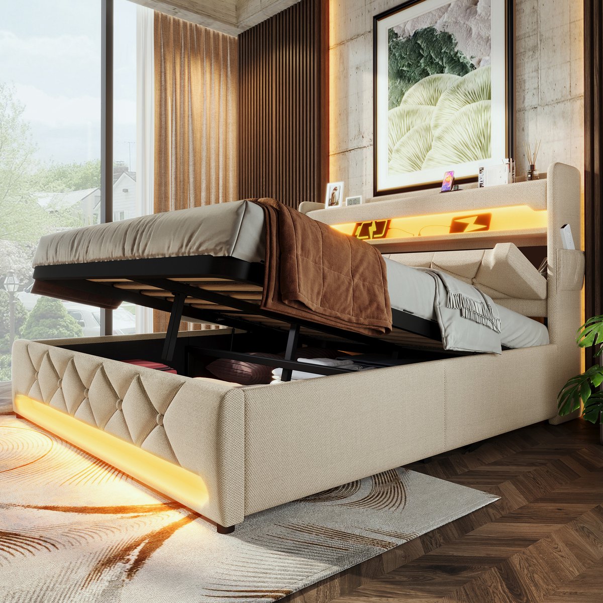 REDOM - Bed - Opbergruimte in hoofdbord en hydraulische opslag - LED verlichting en USB-C laadfunctie - Tweepersoons - Stof Hout Metaal - Beige - 215 x 146 x 111 cm