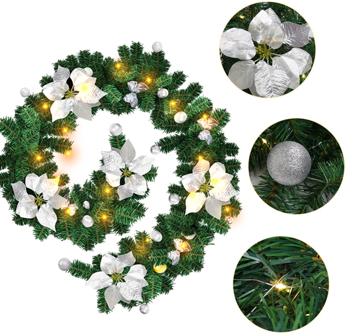Kerstguirlande met verlichting 2,7 m - 50 led - zilver decor – foto 2