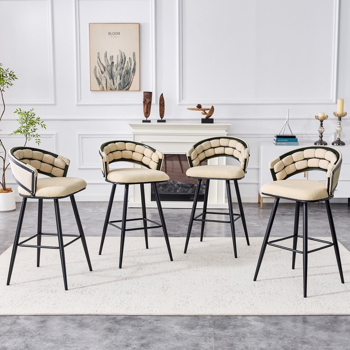 HAUSS SPOLE Barkruk - Set Van 4 - Met Rugleuning En Voetsteun - Voor Keukeneiland En Bar - Velvet En Metaal - Beige Zwart