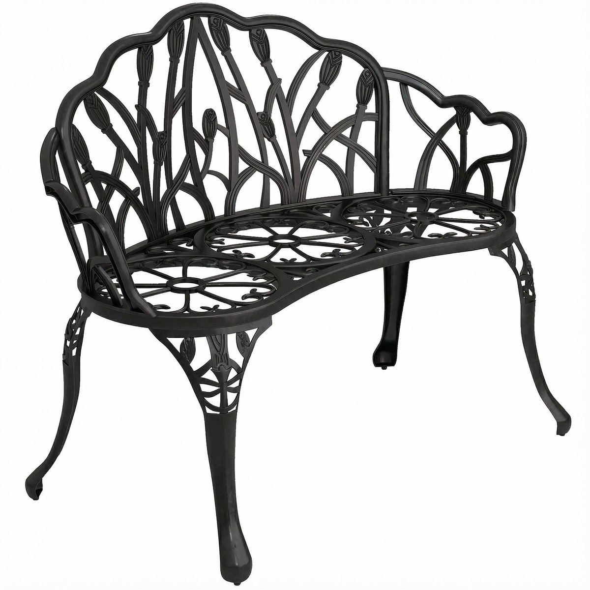 Tuinbank - 2 - zits - gegoten aluminium - weerbestendig - buitenbank met tulpvormige rugleuning - bloemenmotief - 99 x 57 x 78 cm