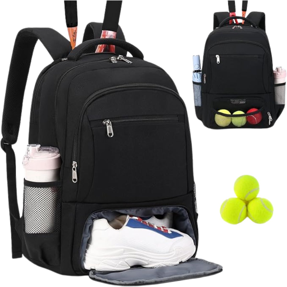 QUOVO® Tennistas Dames – Tenniszak - Tennistas kind – Tennis Rugzak – Tennisrugzak Met Schoenenvak - Tennis Rugtas Met Plek voor 2 Rackets – Unisex – Voor Dames En Heren - Sporttas - Zwart - 45cm x 23cm x 32cm