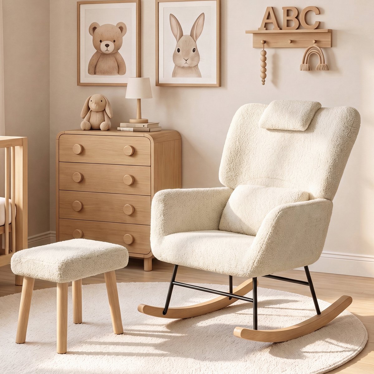 Teddy Schommelstoel met Voetenbank-Relaxstoel met Hoofdsteun en Lendenkussen-Comfortabele Leesstoel-Zijvak-120° Schommelfunctie-Beige