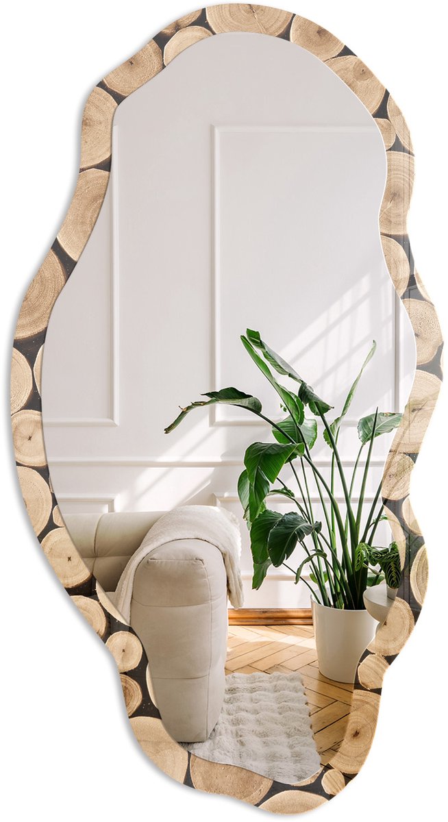 Coloray Houten Cirkels Spiegel - Beige Stijlvolle Wandspiegel - Organische Spiegel - Woonkamer - Rustiek - 45x90 cm - Totale afmeting 52x97 cm