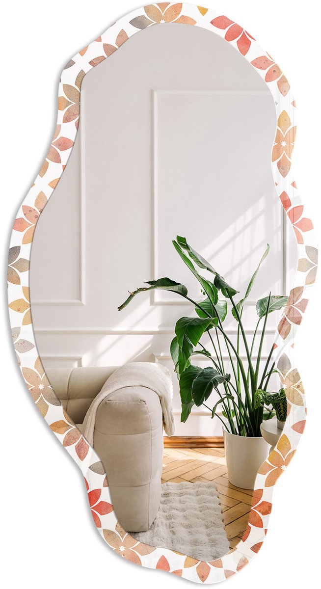 Coloray Bloemenpatroon Spiegel - Bruin Moderne Rechthoekige Wandspiegel - Organische Spiegel - Slaapkamer, Woonkamer, Hal - Aquarel - 45x90 cm - Totale afmeting 52x97 cm