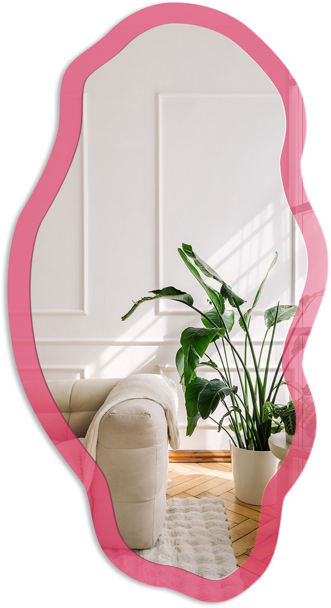 Coloray Energie Roze Spiegel - Roze Stijlvolle Wandspiegel - Organische Spiegel - Woonkamer, Kantoor, Slaapkamer - Minimalistisch - 45x90 cm - Totale afmeting 52x97 cm