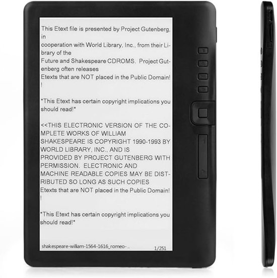Zwarte e-reader met tekst die copyrightinformatie toont. De zijkant toont navigatieknoppen.