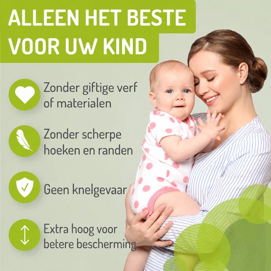 Moeder met baby. "Alleen het beste voor uw kind" met pictogrammen.