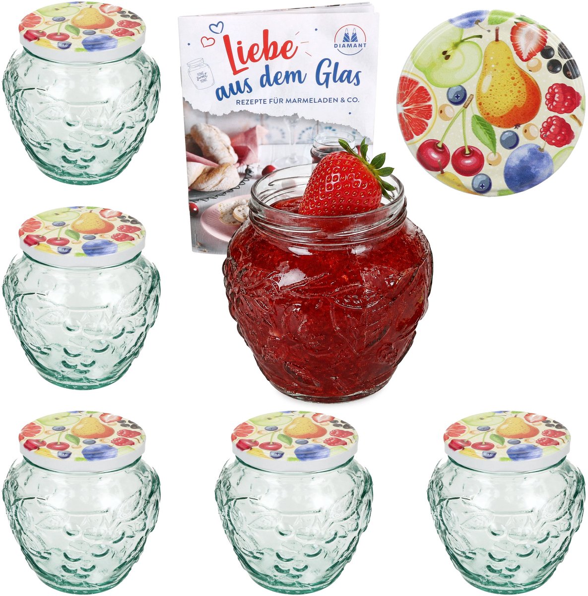 6-delige set jamfles 580ml FRUTTA VASO met fruit-relief + TO82 deksel Comic-fruit