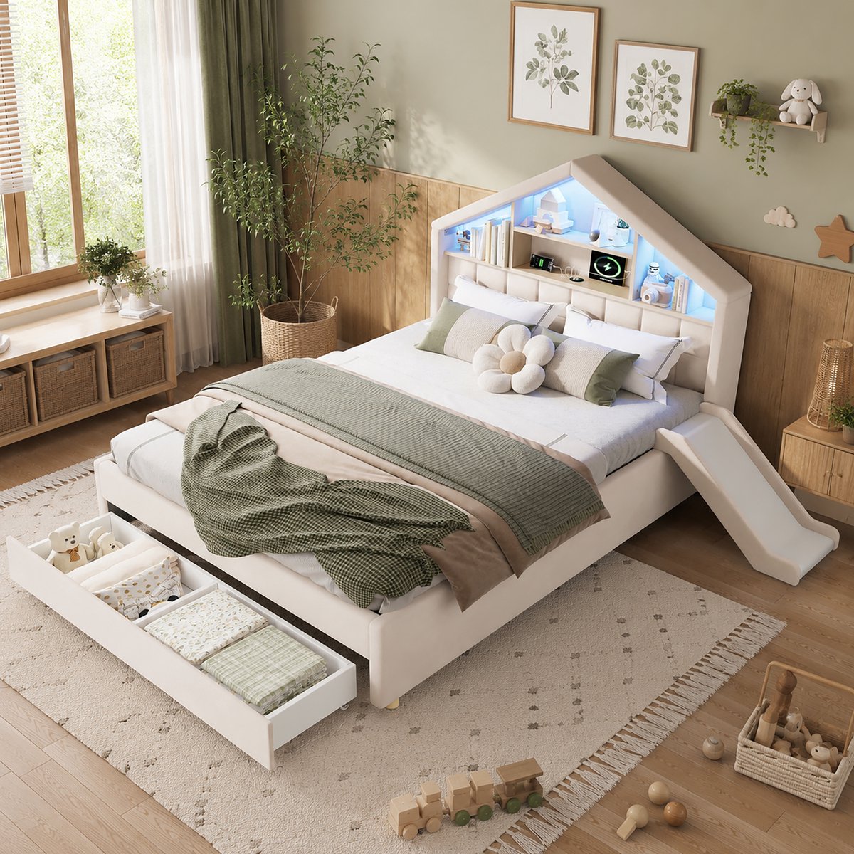 MIVRAY Kinderbed 140x200 cm Zonder Matras - Huisbed Met Glijbaan En Opbergruimte - Met LED Verlichting En Laadpunt - Velvet - Beige